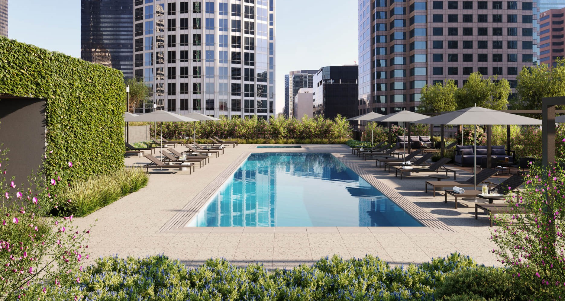 The outdoor lap pool and whirlpool with seating and semiprivate cabanas offers a spa-like experience for residents and their guests.